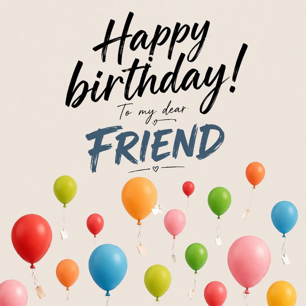 happy birthday friend card with colorful balloons