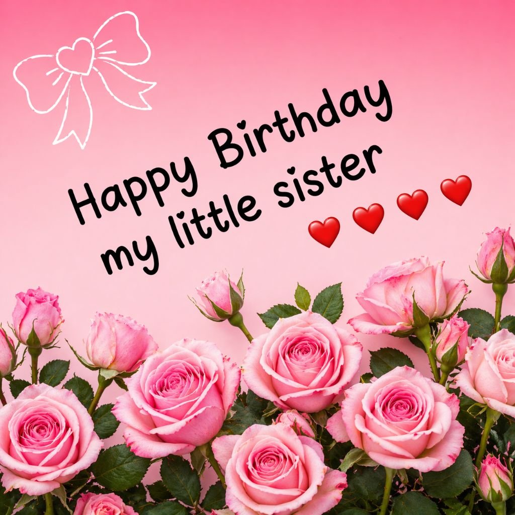 happy birthday little sister card with pink roses