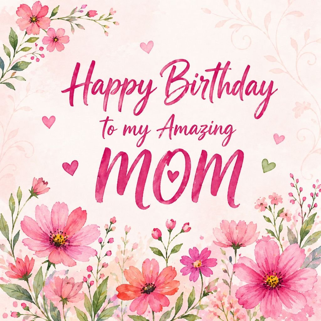 happy birthday mom floral card with pink watercolor flowers