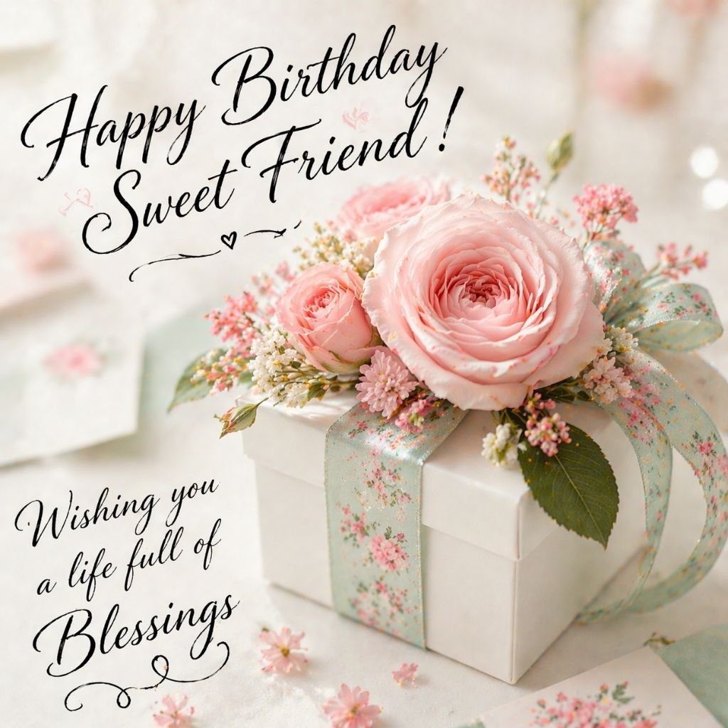 happy birthday sweet friend card with floral gift box and elegant roses