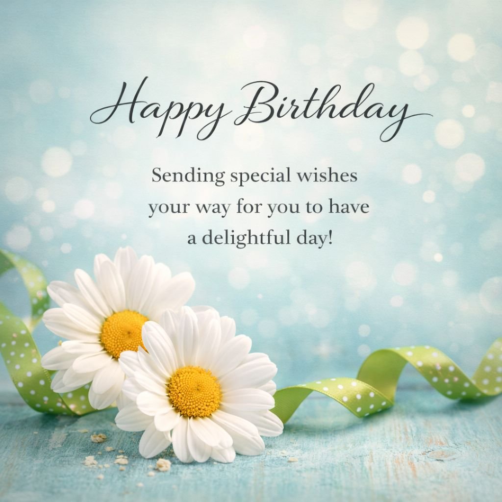 happy birthday wishes card with white daisies