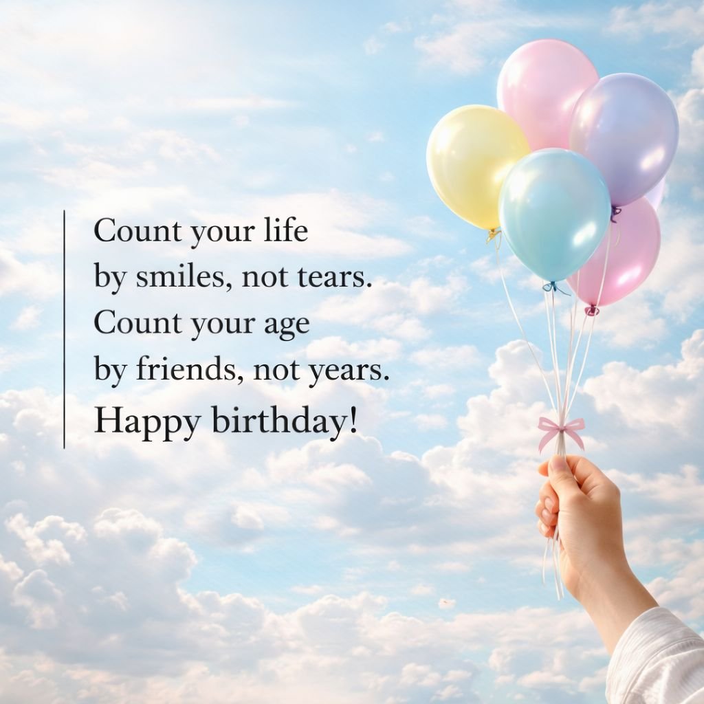 inspirational happy birthday quote with colorful balloons in sky
