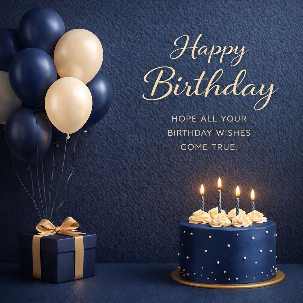 luxury happy birthday card with blue cake balloons and gift box