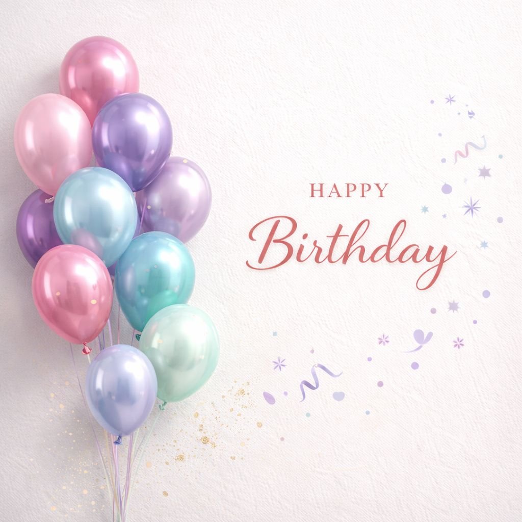 pastel happy birthday card with colorful balloons and soft minimal design
