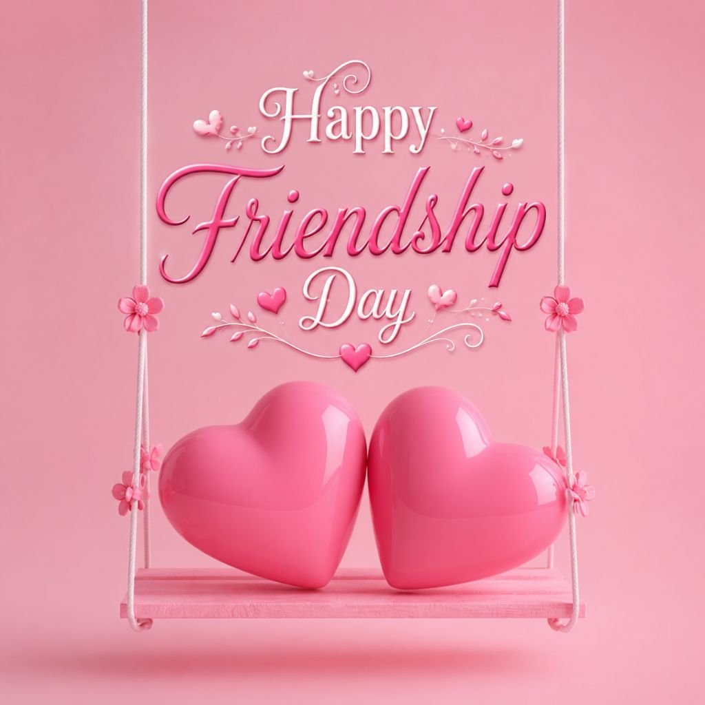 pink friendship day greeting card with couple hearts