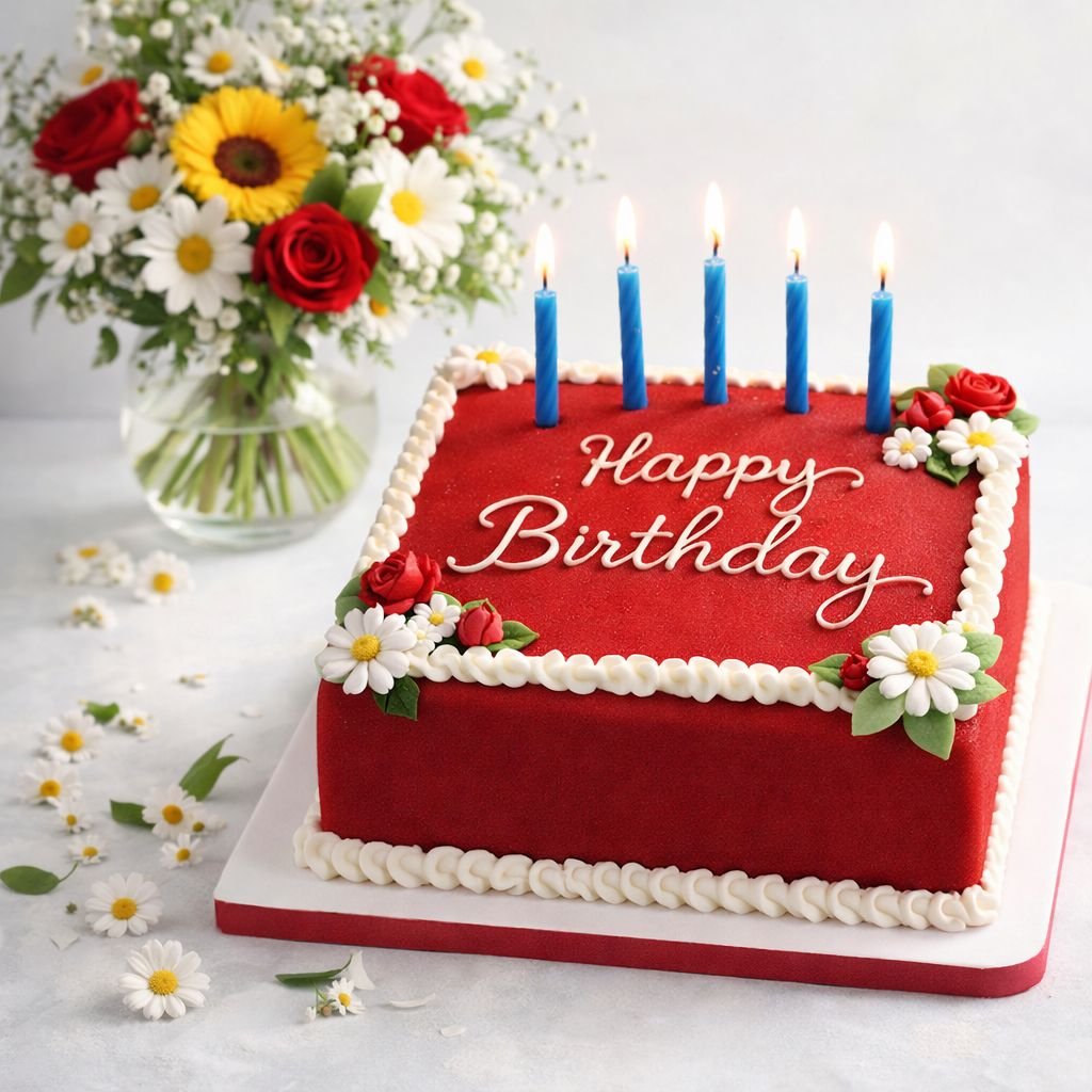 red square happy birthday cake with flowers and candles