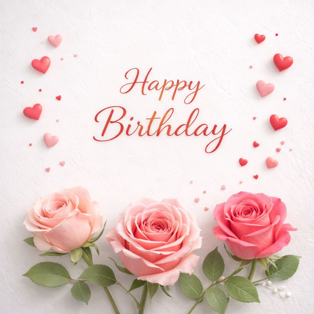 romantic happy birthday card with pink roses and heart decorations