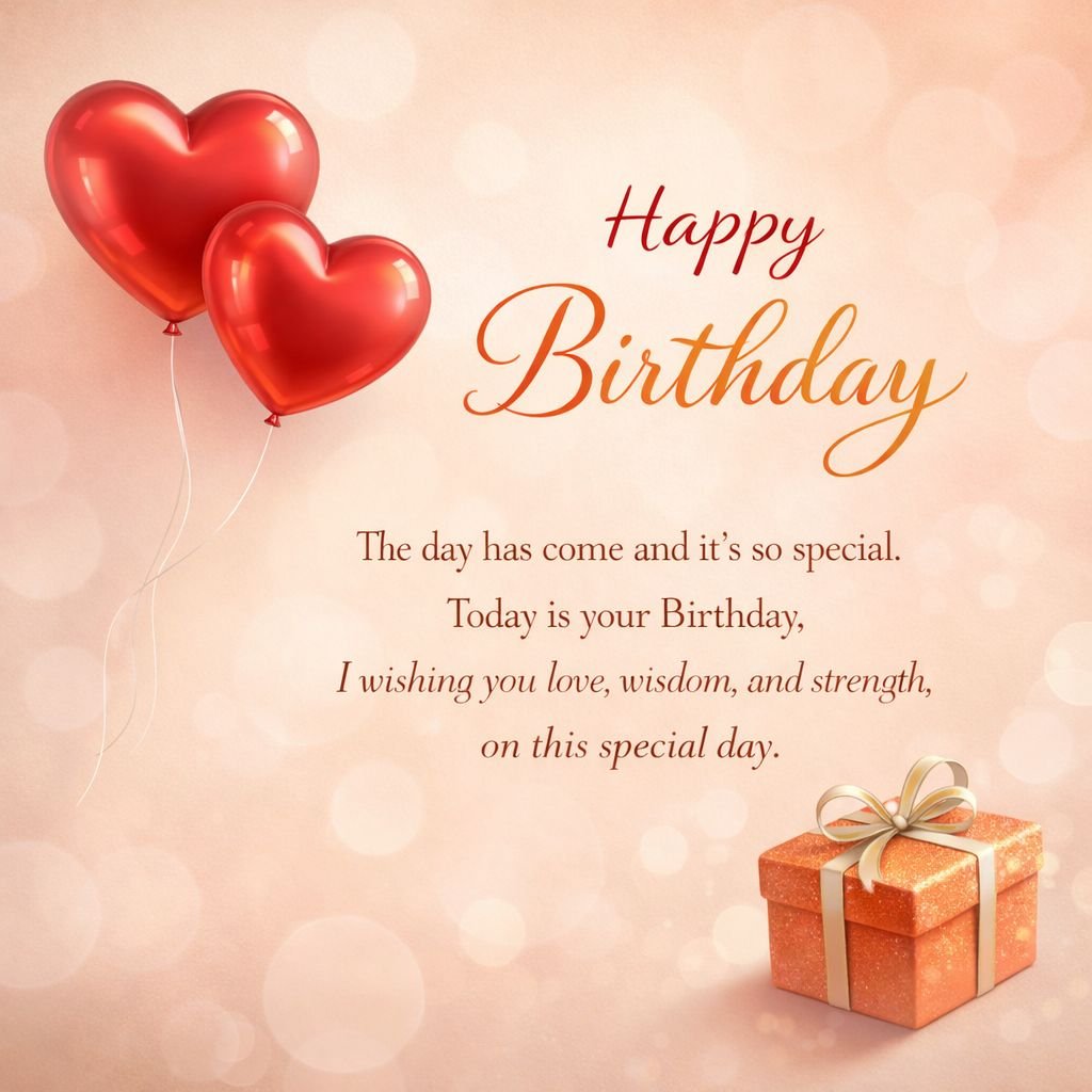 romantic happy birthday card with red heart balloons and gift box
