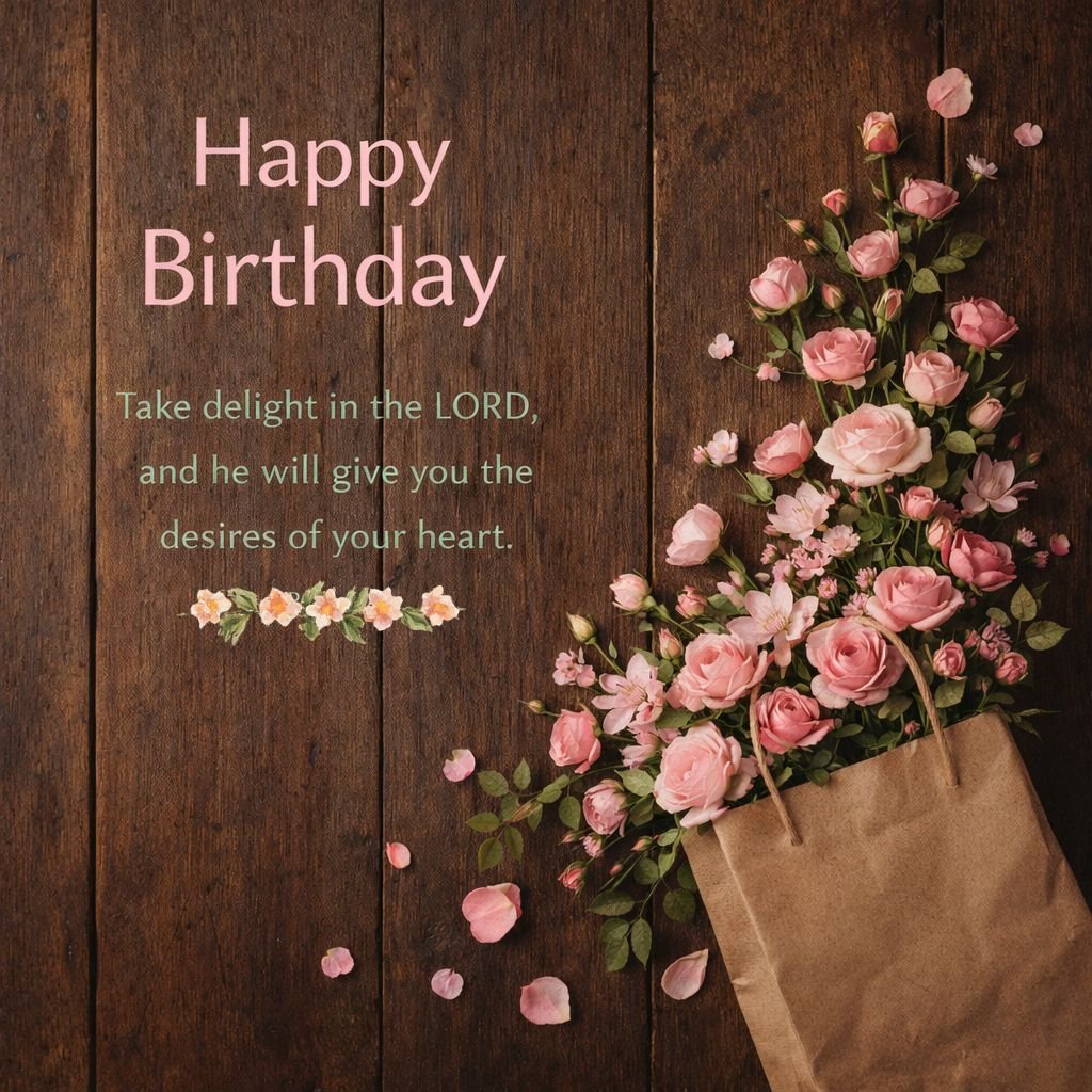 rustic happy birthday card with pink roses and inspirational bible verse
