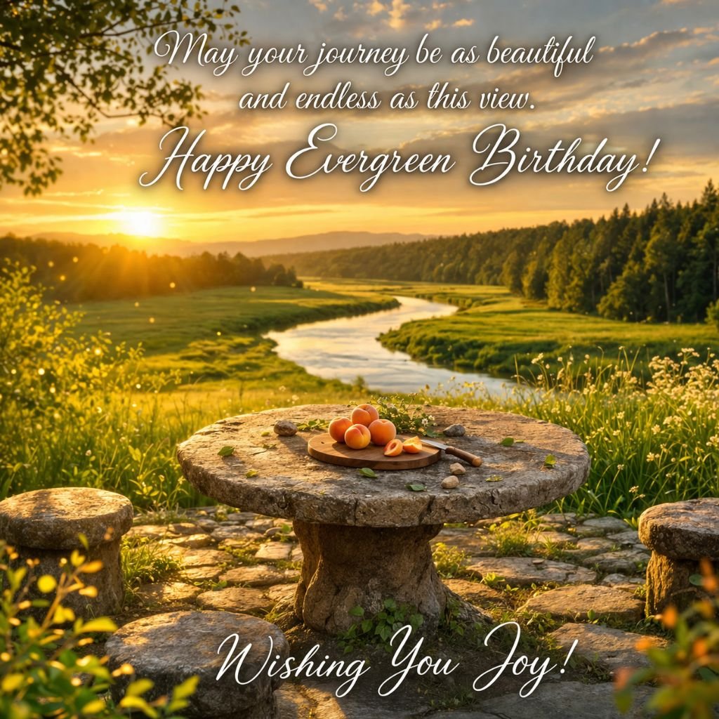 scenic nature birthday wishes card with sunset river view