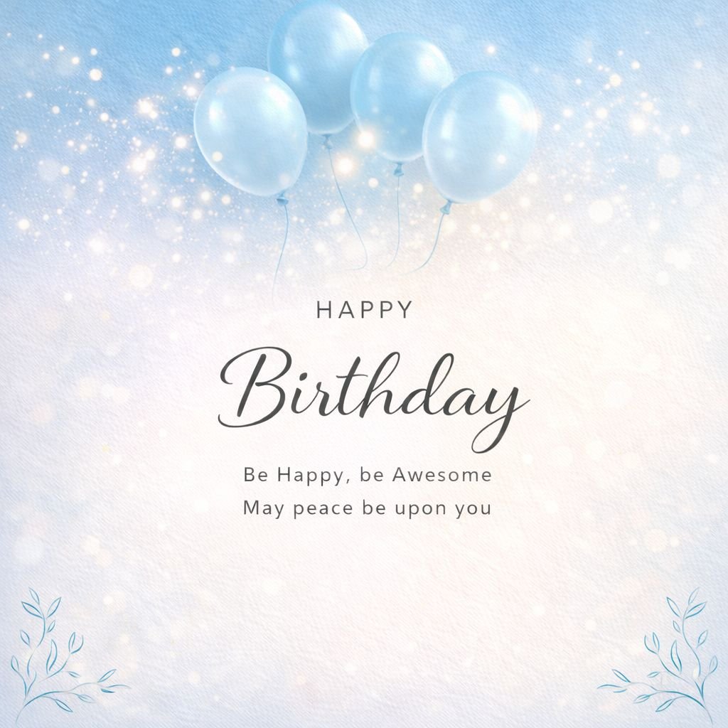 soft blue happy birthday card with balloons and sparkling light background