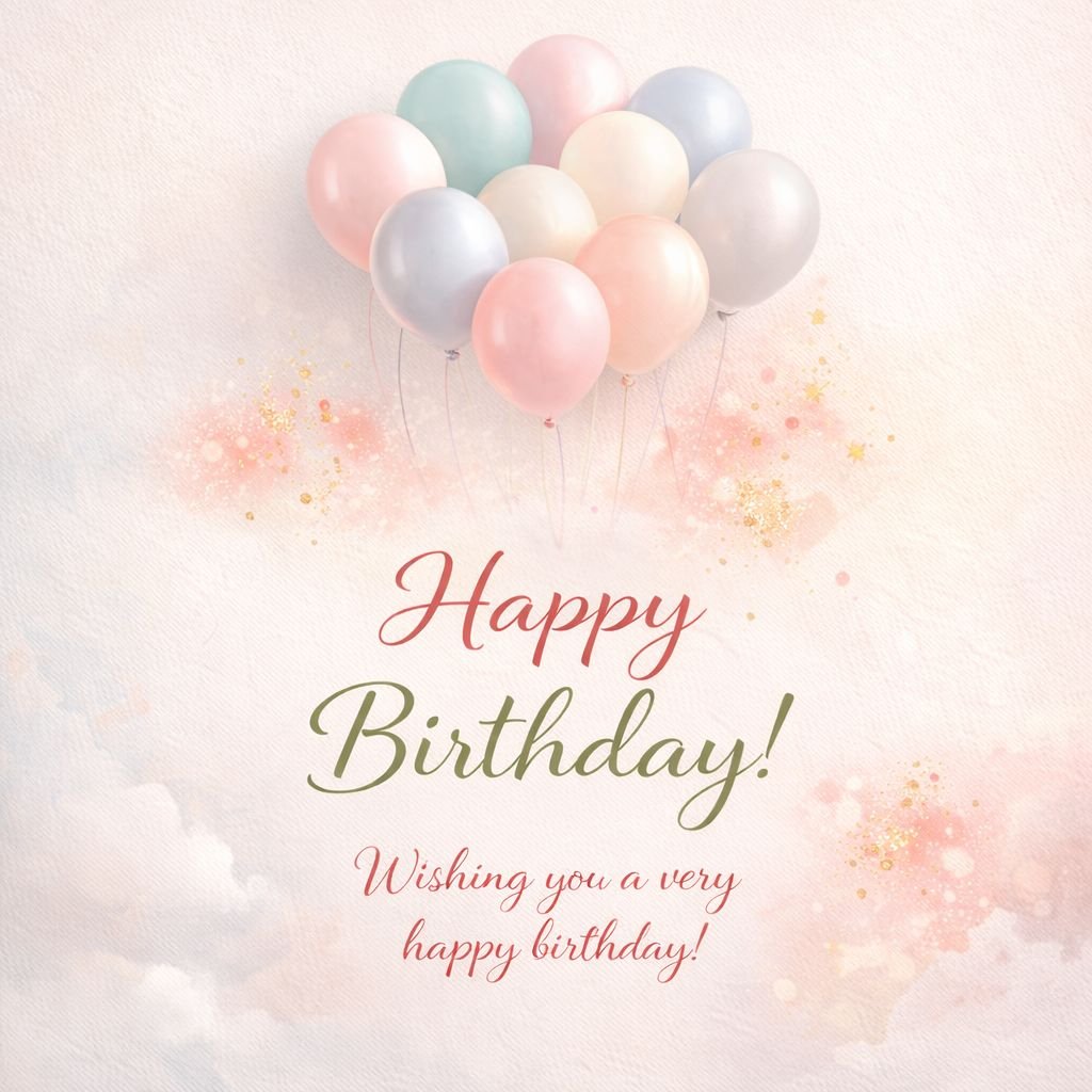 soft pastel happy birthday card with balloons and elegant typography