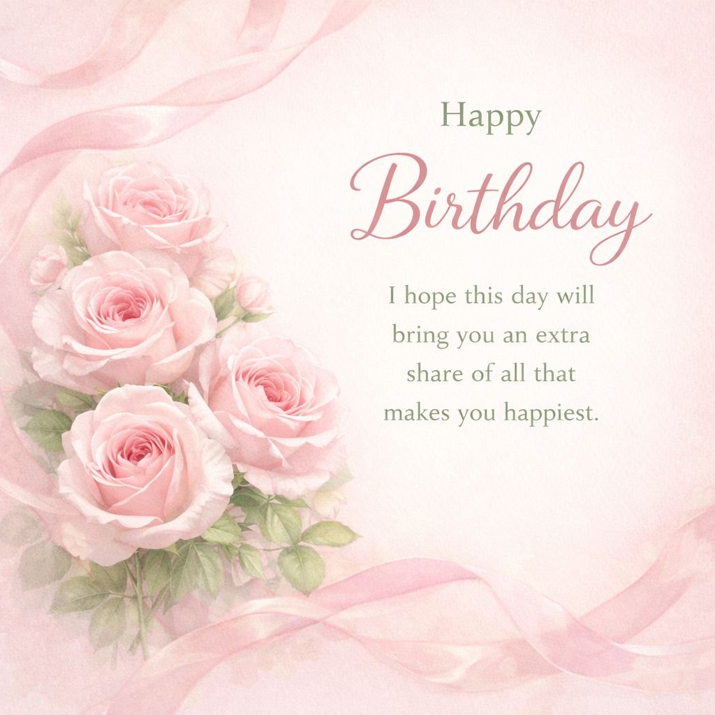 soft pink roses happy birthday card with elegant floral design