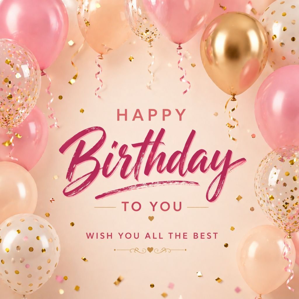 stylish happy birthday card with pink and gold balloons