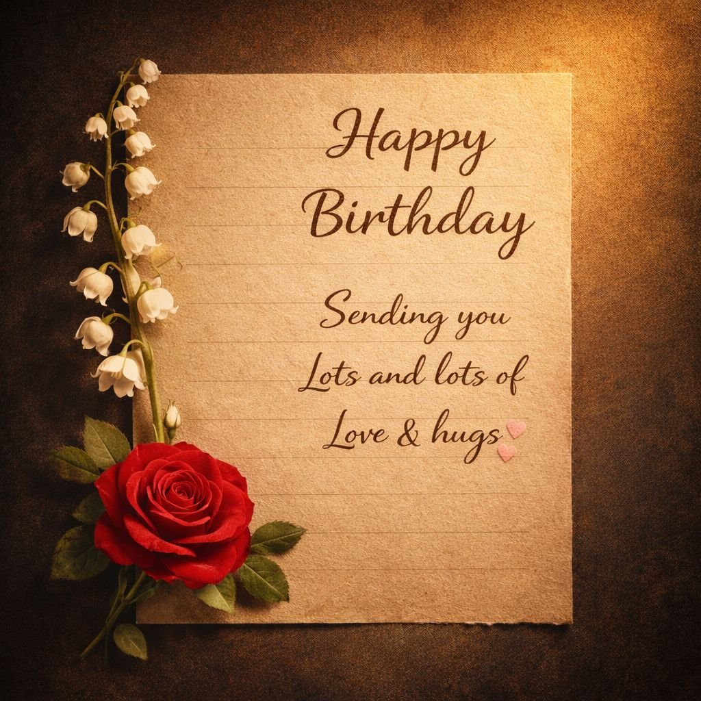 vintage happy birthday card with red rose and love message