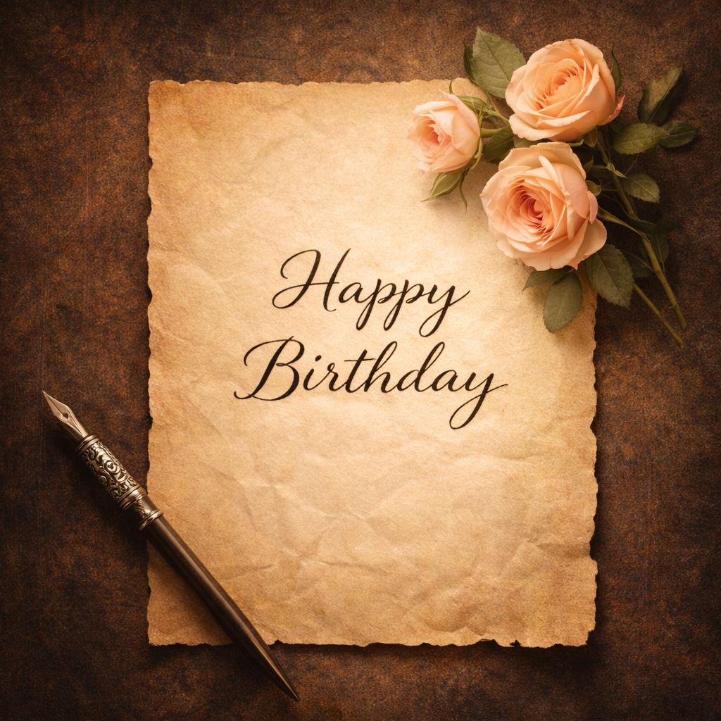 vintage happy birthday card with roses and antique paper design
