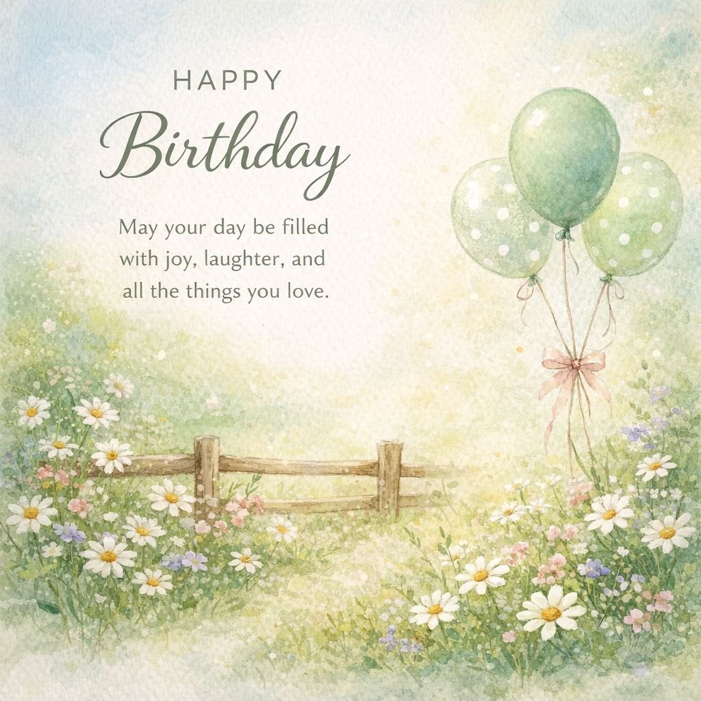 watercolor happy birthday card with balloons and floral garden scene