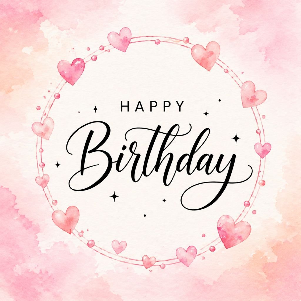 watercolor happy birthday card with pink hearts and elegant script design