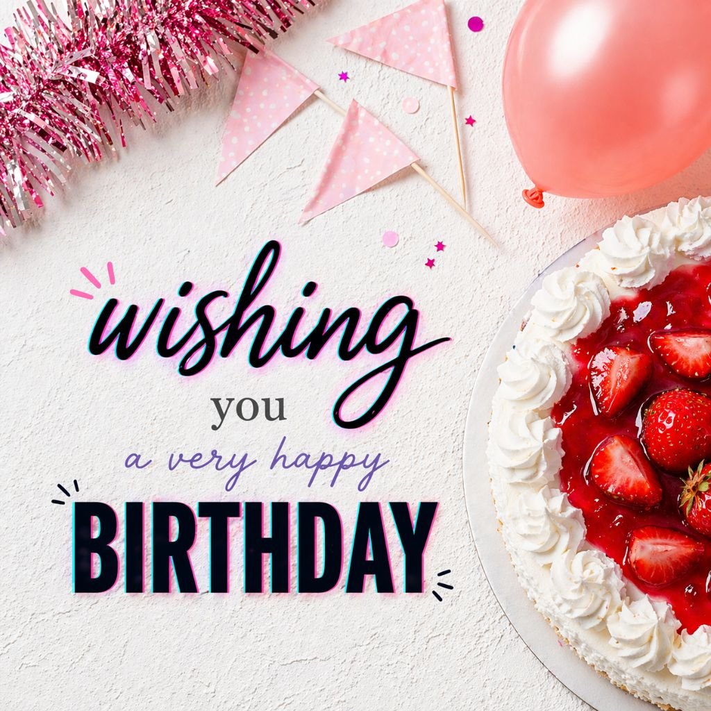 wishing you a very happy birthday card with cake and balloons