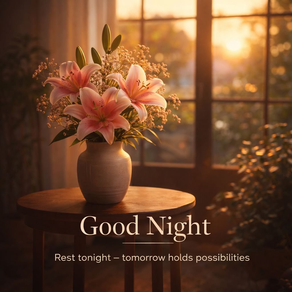 Beautiful Good Night Flowers Vase Image with Sunset View