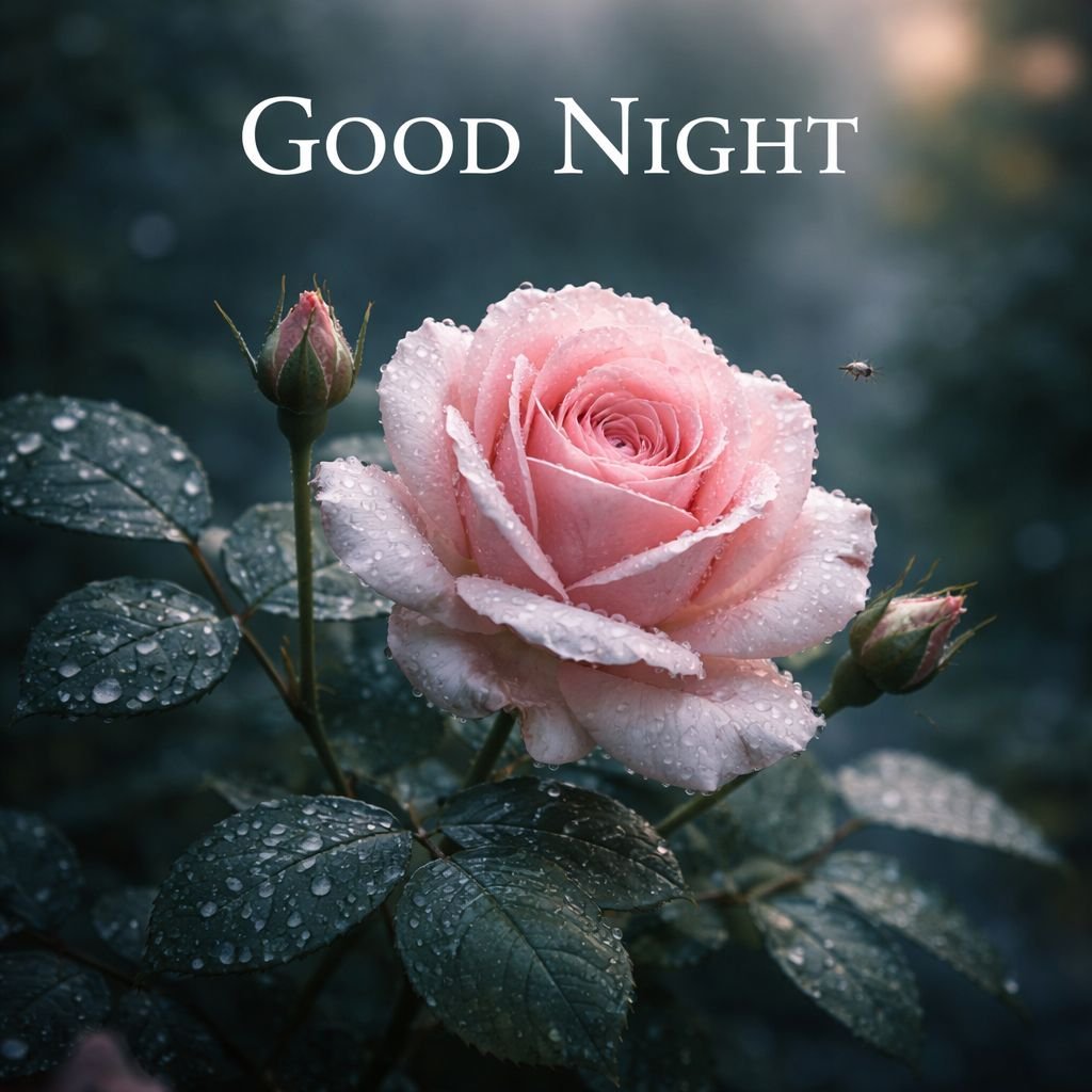 Beautiful Good Night Pink Rose Image with Water Drops