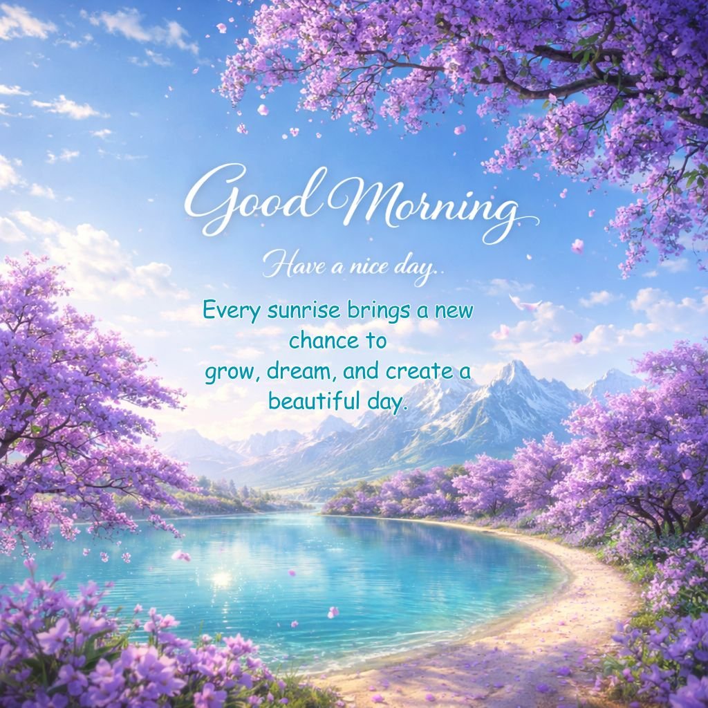 Beautiful Lake and Cherry Blossom Good Morning Image with Inspirational Quote