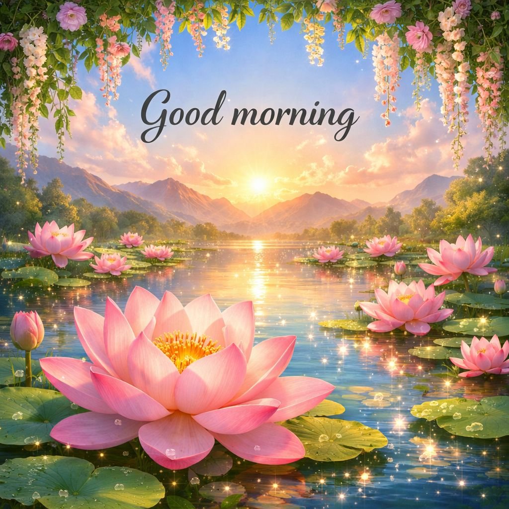 Beautiful Lotus Lake Sunrise Good Morning Image with Peaceful Nature Scenery