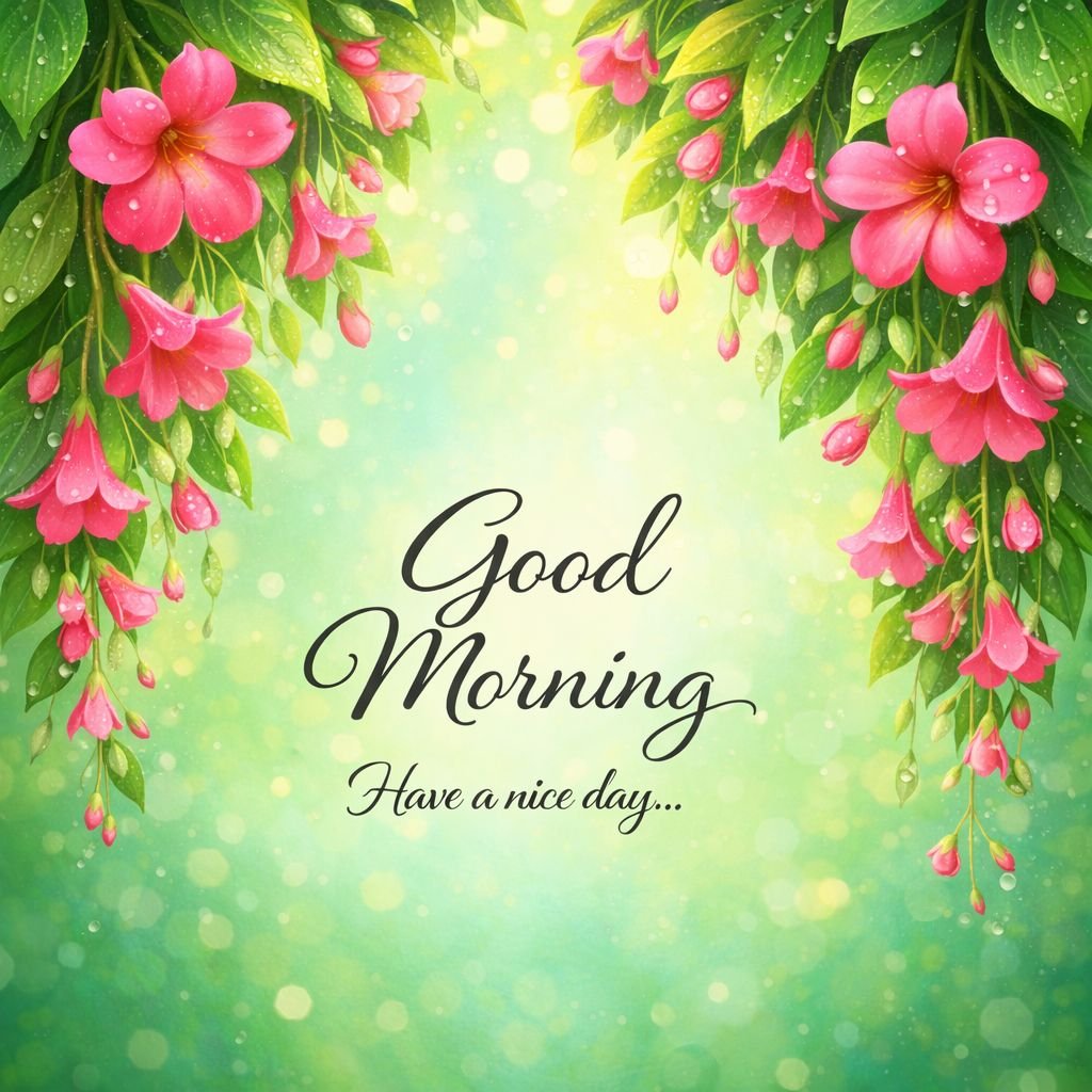 Beautiful Pink Floral Good Morning Image with Fresh Nature Background