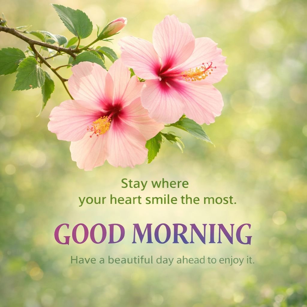 Beautiful Pink Hibiscus Flower Good Morning Image with Inspirational Quote
