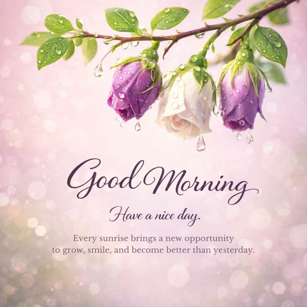 Beautiful Rose Good Morning Image with Inspirational Sunrise Quote