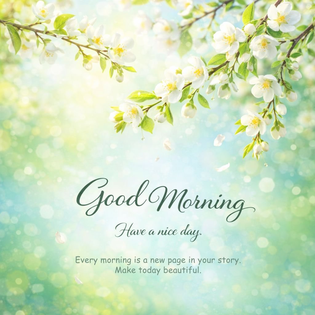 Beautiful White Blossom Good Morning Image with Inspirational Quote