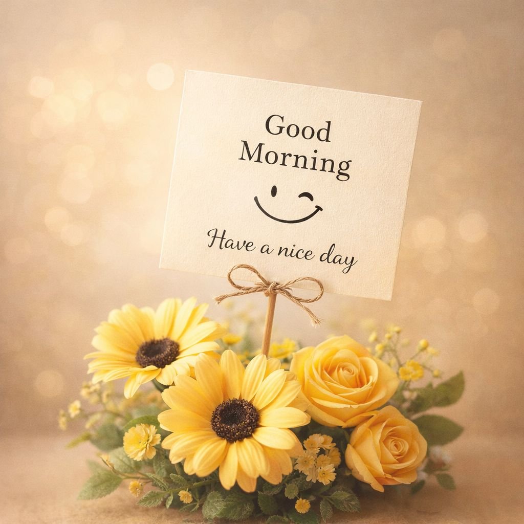 Charming Good Morning Image with Yellow Flowers and Smile Message