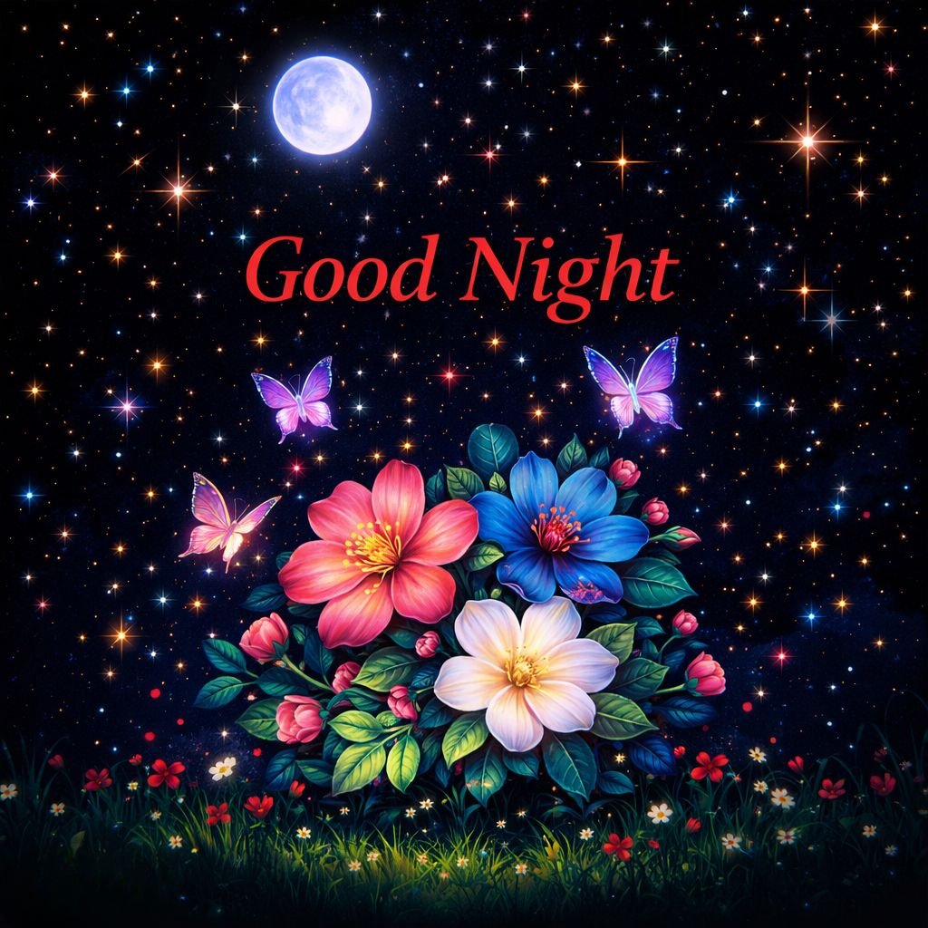 Colorful Floral Good Night Image with Moon and Stars