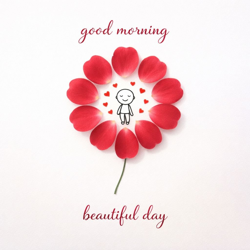 Creative Good Morning Image with Red Petal Flower and Love Theme