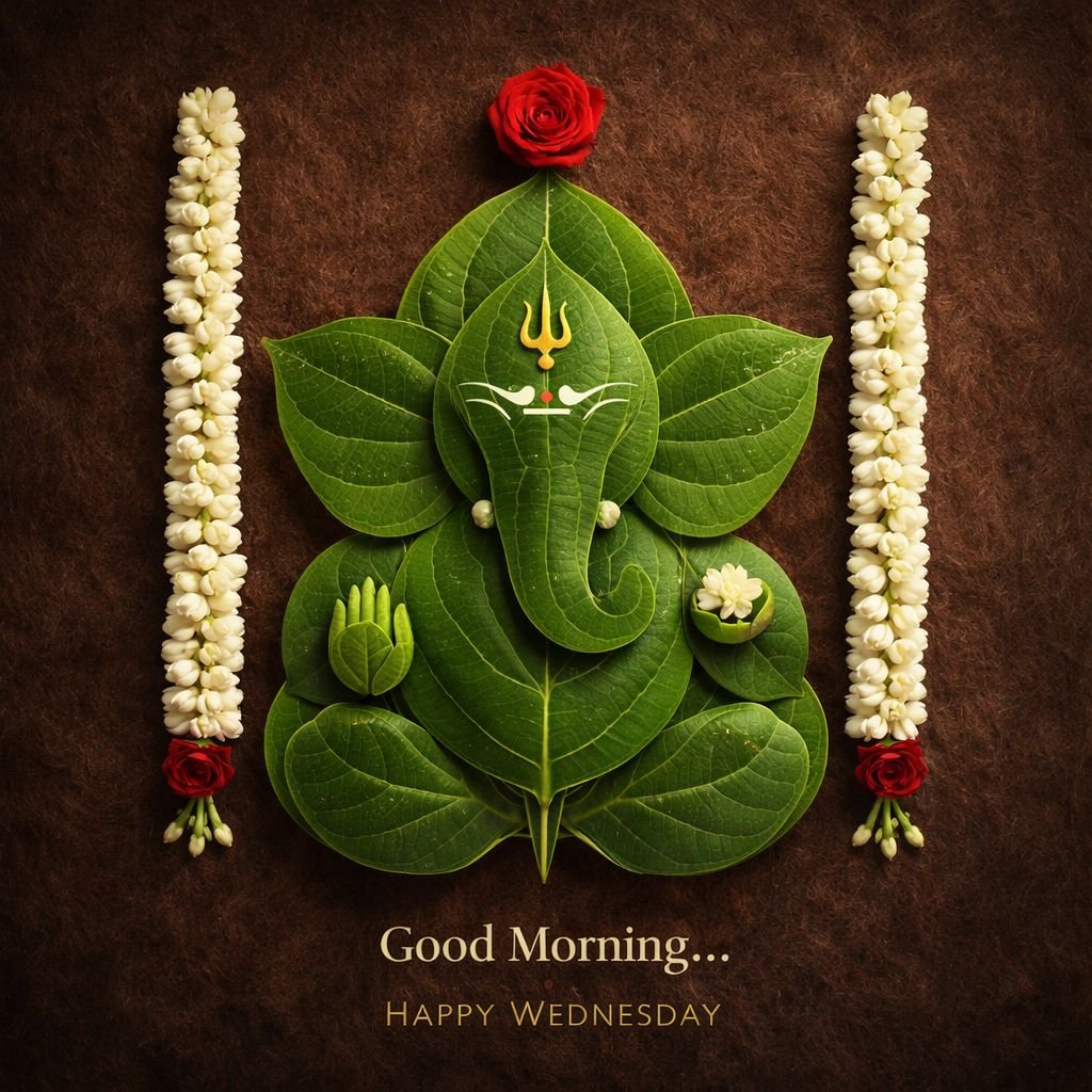 Creative leaf art ganesh good morning image