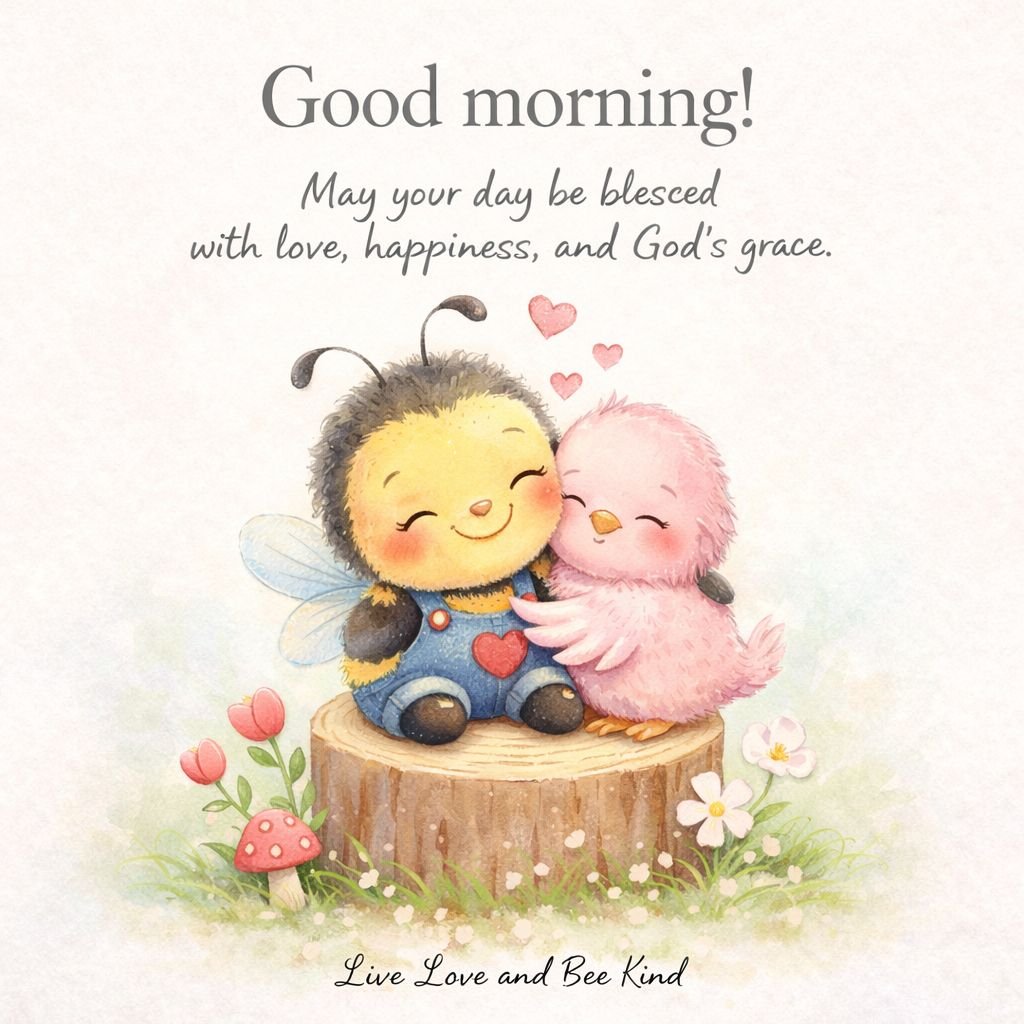 Cute Cartoon Bee and Bird Good Morning Image with Sweet Blessing Message
