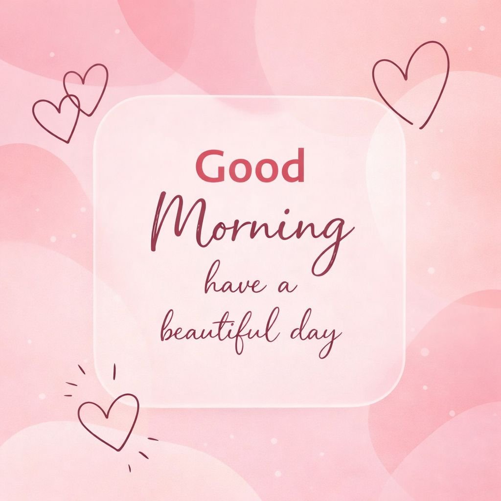 Cute Pink Good Morning Image with Hearts and Beautiful Day Message