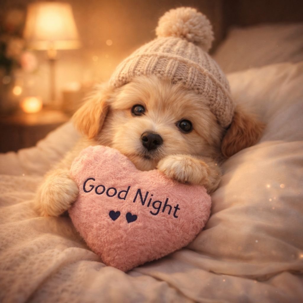 Cute Puppy Good Night Image with Heart Pillow