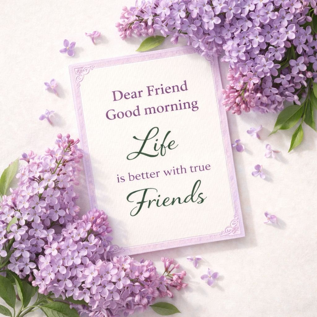 Dear Friend Good Morning Image with Purple Lilac Flowers and Friendship Quote