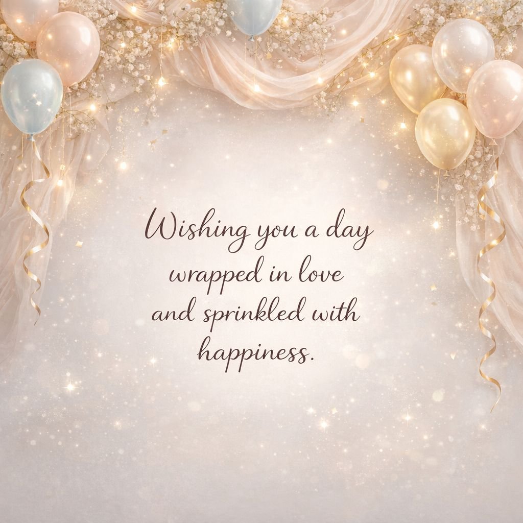 Elegant Birthday Wishes Quote Image with Balloons and Fairy Lights