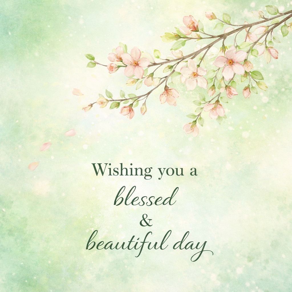 Elegant Good Morning Image with Cherry Blossom and Blessed Day Message