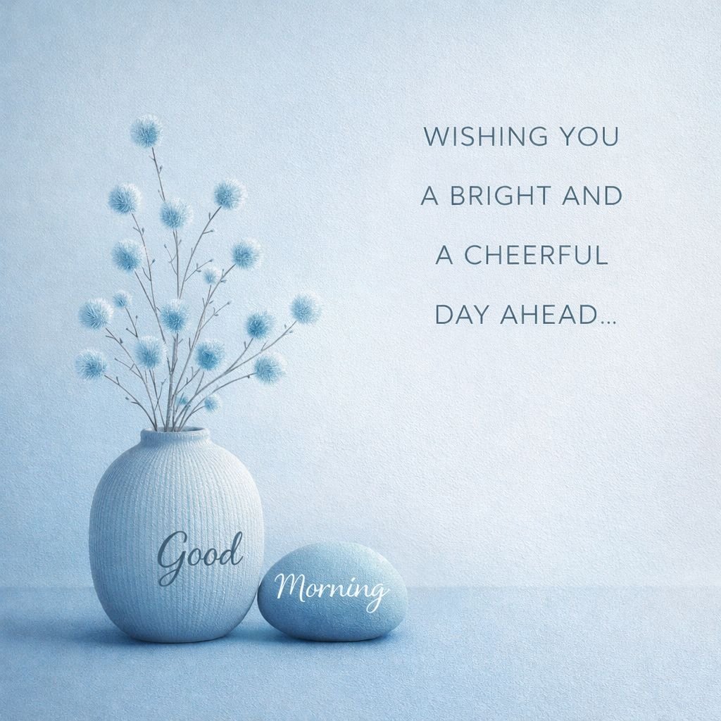 Elegant Good Morning Image with Minimal Blue Vase and Cheerful Wishes