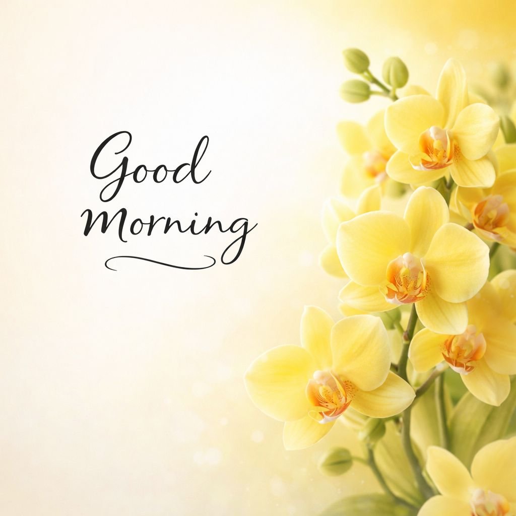 Elegant Good Morning Image with Yellow Orchids and Soft Background