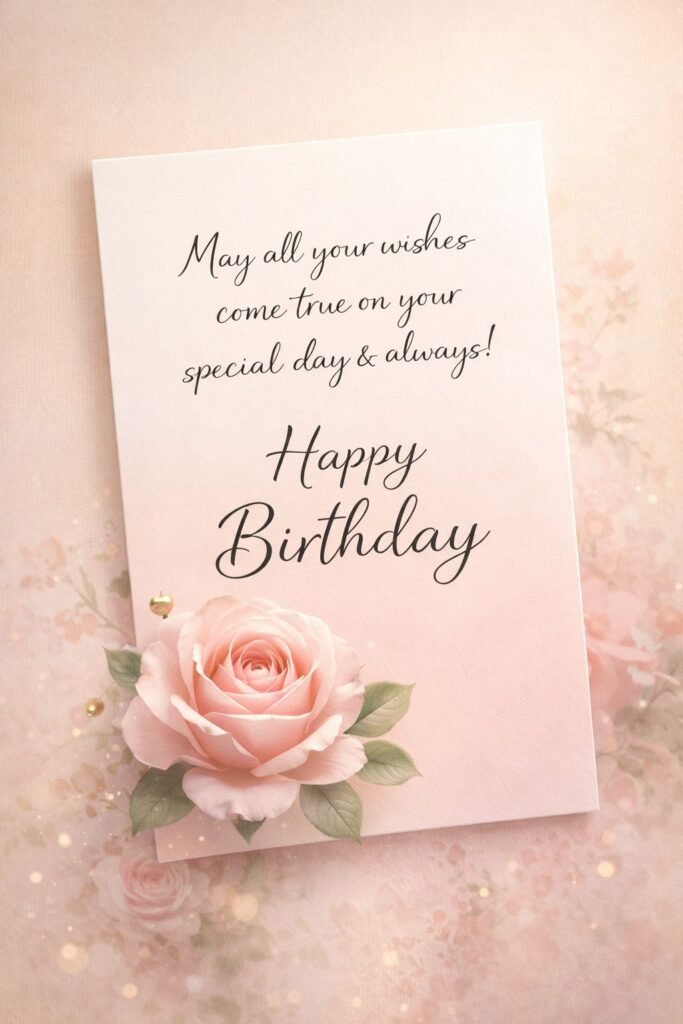 Elegant Happy Birthday Card with Pink Rose and Wishes Message