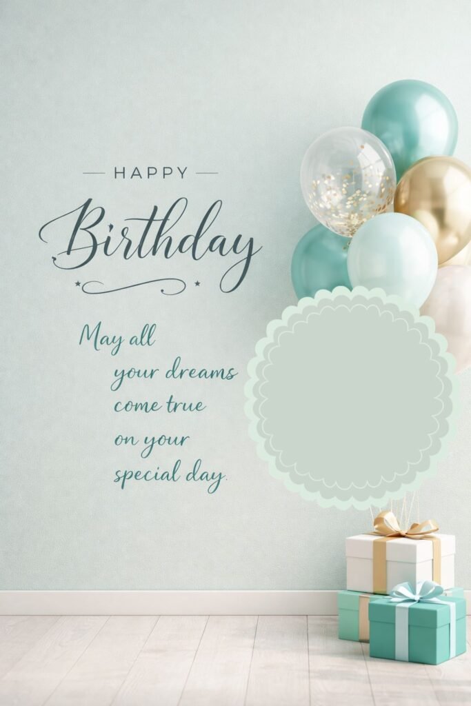 Elegant Happy Birthday Image with Balloons, Gifts and Photo Frame