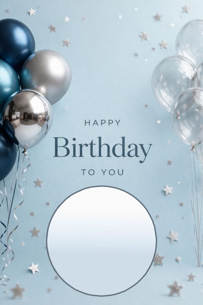 Elegant Happy Birthday Image with Blue Balloons and Photo Frame