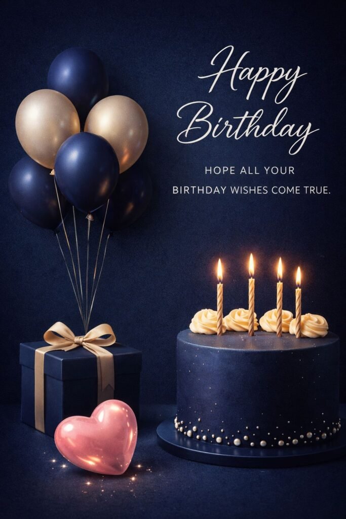 Elegant happy birthday image with cake, candles and balloons