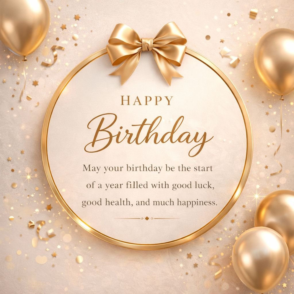 Elegant Happy Birthday Image with Gold Balloons and Ribbon
