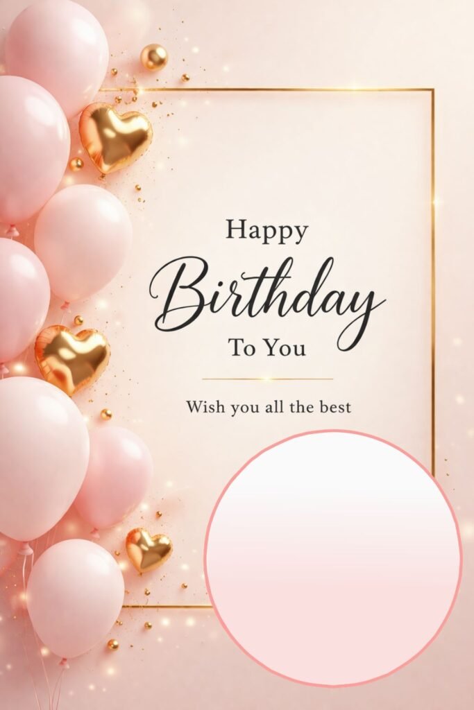Elegant Happy Birthday Image with Pink Balloons and Gold Heart Design