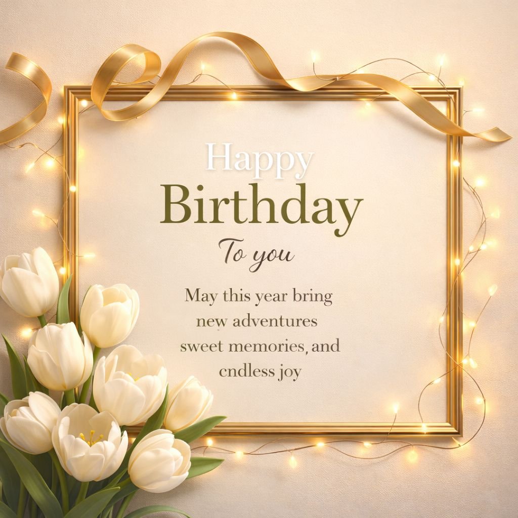 Elegant Happy Birthday Wishes Image with White Tulips and Golden Frame